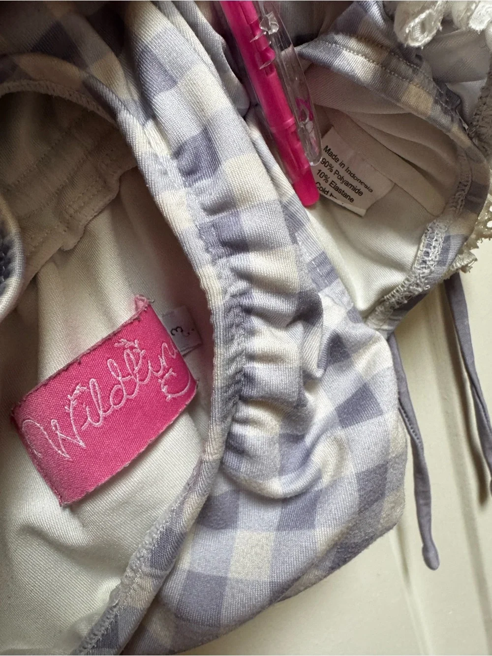 Wildling WDW 3T Gingham Check Swim Purple White Eyelet lace Ruffle & Tie Girls 3 - Picture 12 of 13
